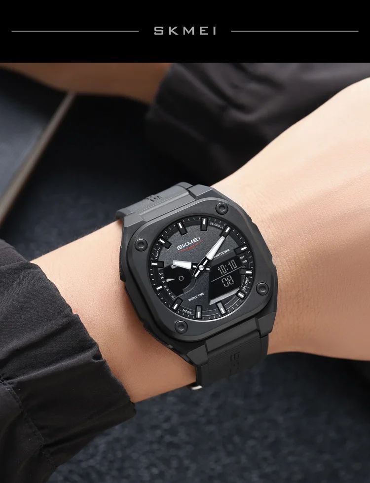 SKMEI Original Men's World Timer Watch – Premium Analog-Digital Sports Chronograph with Heavy-Duty Silicone Strap - Black